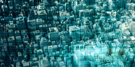 Futuristic City with Modern Buildings on Digital Backgroundの写真素材