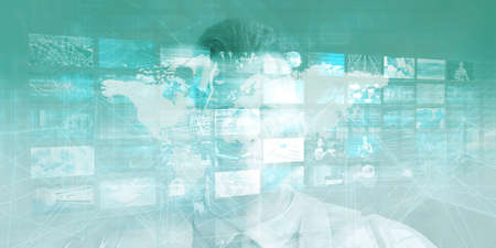 Man Embracing Technology and Being Empowered by Technologiesの写真素材