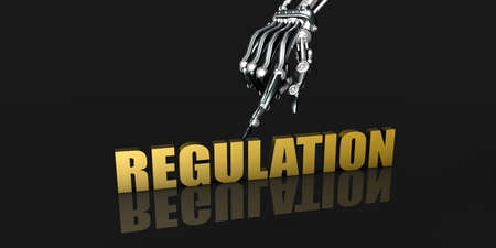 Regulation Industry with Robotic Hand Pointing on Black Backgroundの写真素材