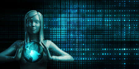Young Business Woman Holding Globe Future Technology Theme Conceptの写真素材
