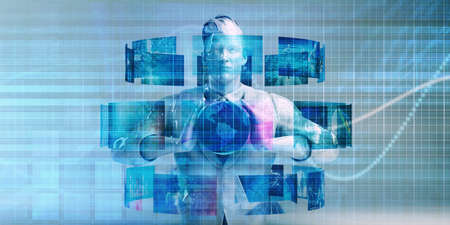 Man Surrounded By Technology Data and Information Artの写真素材