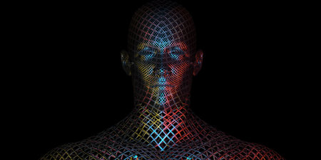 Cyborg head made of wireframe mesh. 3D rendering.の素材