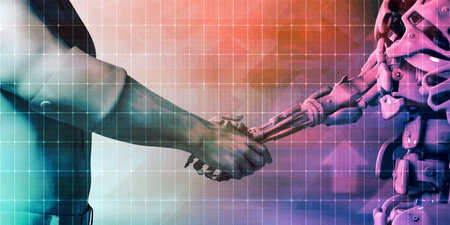 Engineering Technology with Robotic Arm and Human Hand Handshakeの写真素材