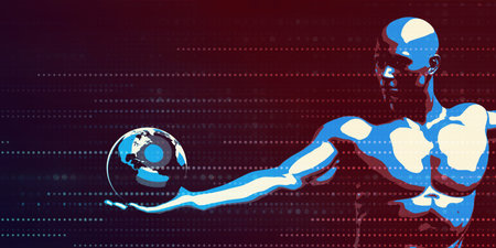 Man Holding Globe with Technology Abstract Backgroundの写真素材