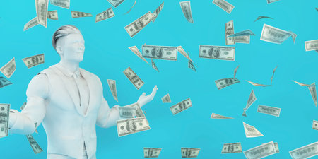 Jackpot Winner with Money Falling Down into Winning Personの写真素材