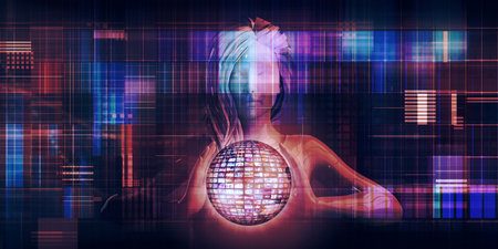 Technology and science concept with woman and glowing disco ball. Mixed mediaの写真素材