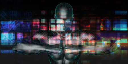 Empowered by Technology with Man Standing in Digital Portalの写真素材
