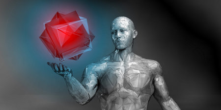 Planned Obsolescence Trend Illustrated Through Low Poly Figure Contemplating Cubeの写真素材