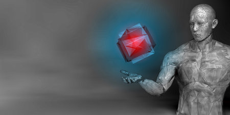 Outdated Technology Visualized Through Polygon Mesh Figure Contemplating Object