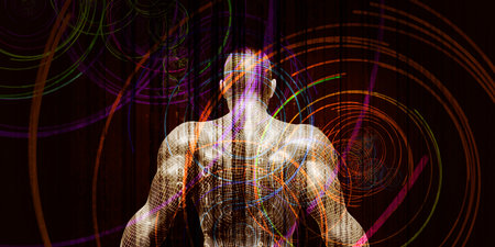 Human Wireframe Model Embedded In Digital Technology Space