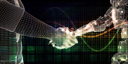Robot Handshake With Human In Technology Concept