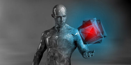 Abstract Lowpoly Man Rejecting Overwhelming Technology Cubeの写真素材