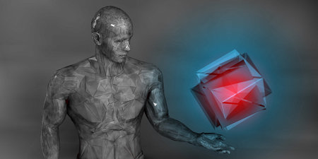 Abandoned Technology Concept Portrayed Through Mesh Human Examining Cubeの写真素材