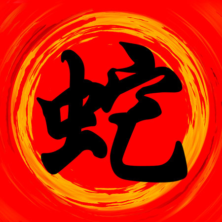 Snake Black Chinese Calligraphy Brushstroke On Red And Orange Backgroundの写真素材