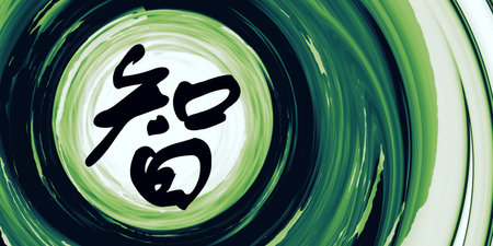 Wisdom Black Chinese Calligraphy Brushstroke On Green And White Backgroundの写真素材