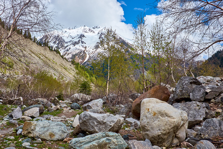 Mountain trail among the stones in the mountains of Georgiaの写真素材