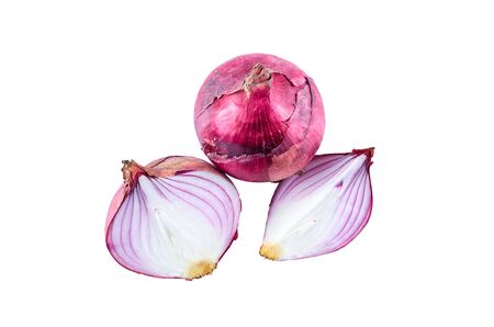 Cut red onion on white background, top view. Organic food background.の写真素材