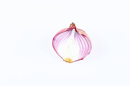 Cut red onion on white background, top view. Organic food background.の写真素材