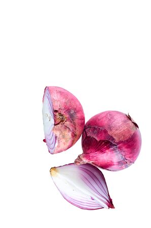 Cut red onion on white background, top view. Organic food background.の写真素材