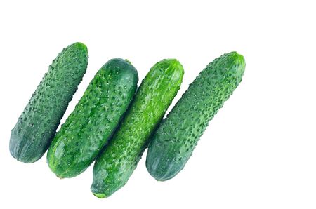 Cucumbers isolated on white background. The view from the top. Background of organic food.の写真素材