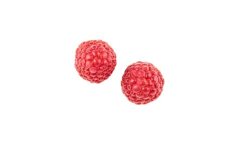 Two red raspberry Berries isolated on white background. The view from the top.