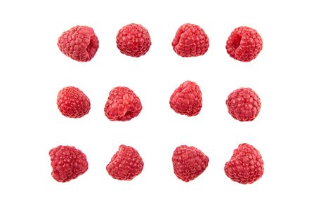 Collection of ripe red raspberries on white background. The view from the top.の写真素材