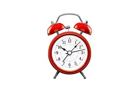 Red alarm clock close-up isolated on white background.