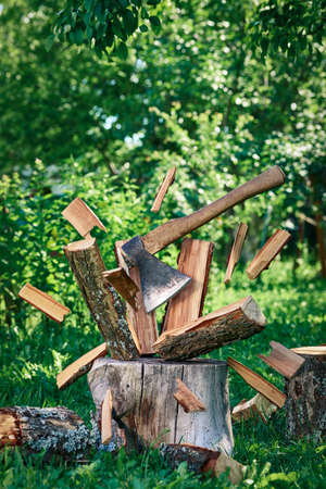 An ax cuts a log standing on an old stump, splinters fly in different directions, frozen moment.