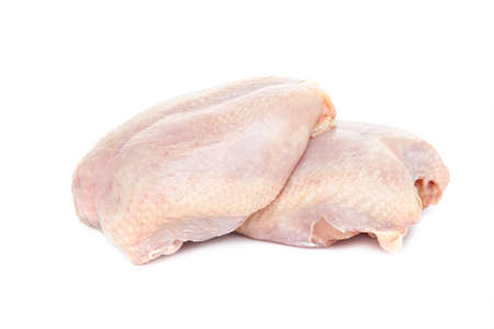 Two fresh raw chicken Breasts on a white background. Close up.の写真素材