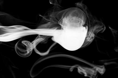 Clouds of white smoke on a black background, movement of smoke on a black background, clouds of smoke in the shape of a jellyfish, smoky background, abstract smokeの写真素材
