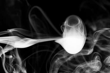 Clouds of white smoke on a black background, movement of smoke on a black background, clouds of smoke in the shape of a jellyfish, smoky background, abstract smokeの写真素材