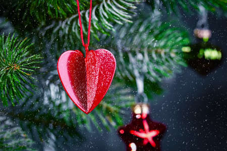 Christmas background with a spruce branch, a red heart on a branch and falling snow. New year's background with free space for text.の写真素材