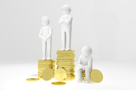 3d humans on a podium made of gold dollar coins.