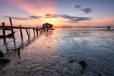 Wooden Bridge Sunrise in Clan Jetty George Town, Penang Malaysiaの写真素材
