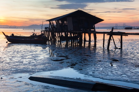 Wooden bridge Sunrise on Clan Jetty, George Town, Penang Malaysiaの写真素材