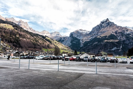 Holiday in Switzerland - Beautiful foggy view of winter landscape towards Engelberg, Switzerlandの写真素材