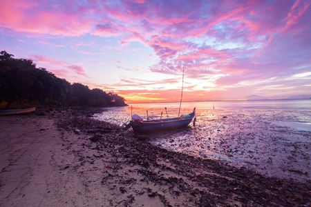 Purple Sunrise view with boats and Penang Bridge from Hammer Bay, George Town Penang, Malaysiaの写真素材