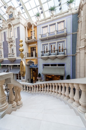 Taipa, Macau - February 2, 2015: The MGM Hotel, Macau. This lavish, high-rise resort with a grand, interior plaza, lies next to Nam Van Lakeのeditorial素材