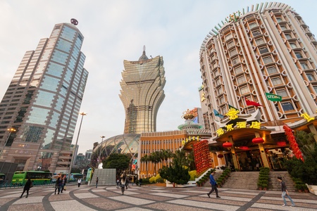Senado, Macau - February 2, 2015: Grand Lisboa Hotel comprised of an ultramodern tower rising from a striking geodesic dome, this iconic casino hotelのeditorial素材