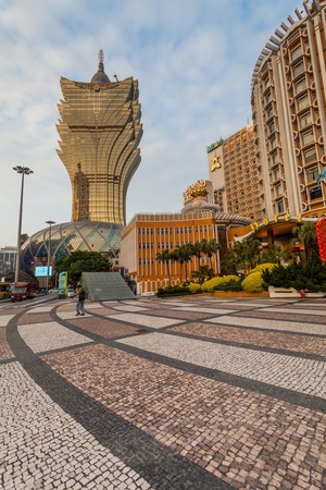 Senado, Macau - February 2, 2015: Grand Lisboa Hotel comprised of an ultramodern tower rising from a striking geodesic dome, this iconic casino hotelのeditorial素材