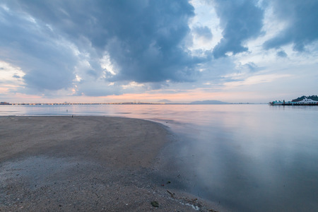 Sunrise by the shore with view of Penang Bridgeの写真素材