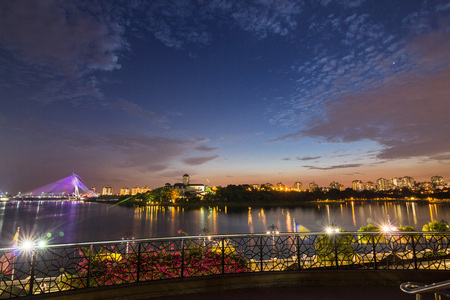 Night view of bridge in Putrajaya Malaysiaの写真素材