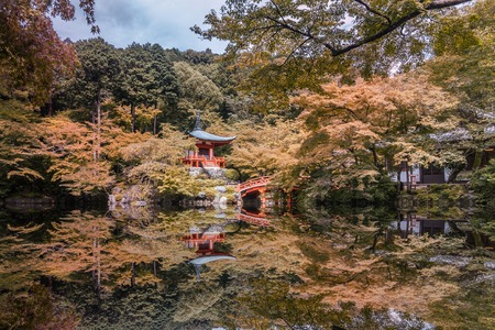 Summer Autumn transit lake view of Bentendo Hall Diago-ji Temple, Kyoto, Japanのeditorial素材