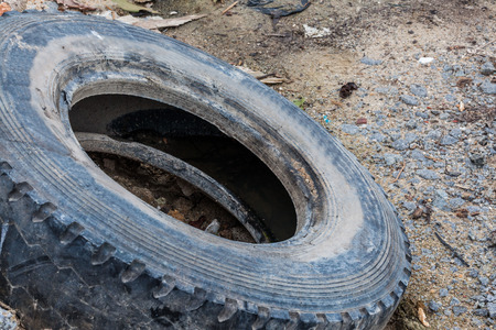 Old tire indicating breeding ground for mosquitoの写真素材