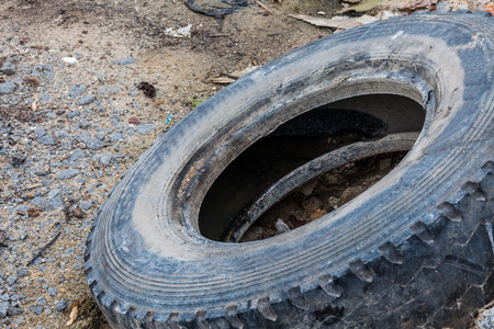 Old tire indicating breeding ground for mosquitoの写真素材