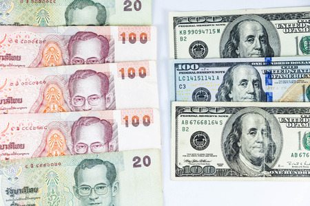 Close up view of US Dollar and Thai Baht indicating strong currency exchange rateの写真素材