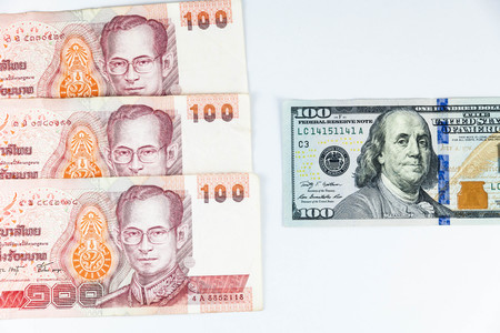 Close up view of US Dollar and Thai Baht indicating strong currency exchange rateの写真素材