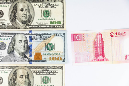 Close up view of US Dollar and Macau China Pataca indicating strong currency exchange rateの写真素材