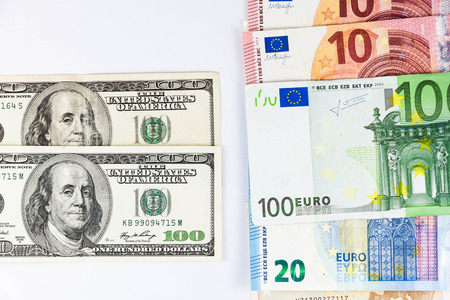 Close up view of US Dollar and Europe Euro indicating strong currency exchange rateの写真素材