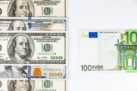 Close up view of US Dollar and Europe Euro indicating strong currency exchange rateの写真素材